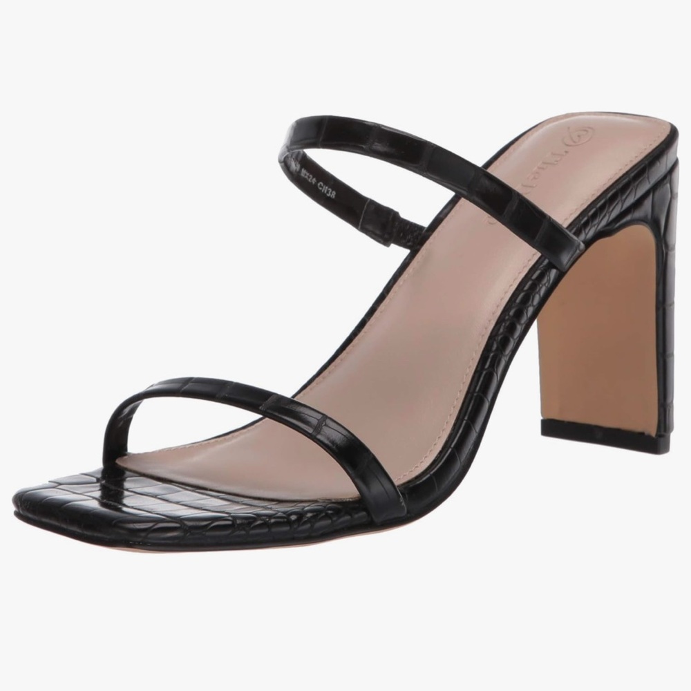The Drop Avery Square Toe Black Strappy Heeled Sandals